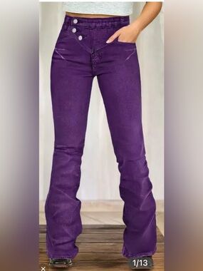 Flamingals Asymmetrical Patched Pocket Button Decor High Waist Bootcut Jeans